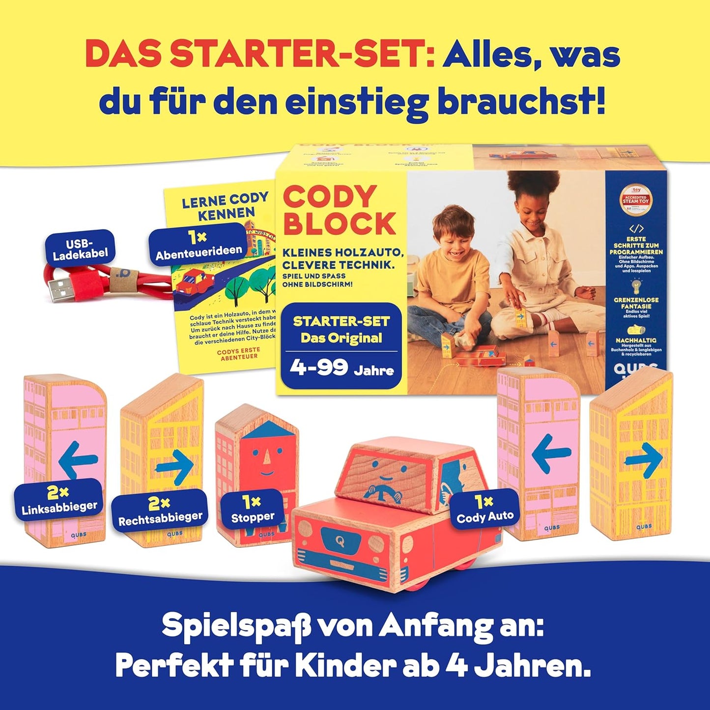 QUBS | Starter-Set | Spielend leicht Programmieren für Kinder mit Block-Auto Cody | Lernspielzeug aus Holz für Kinder | nachhaltige RFID-Blöcke
