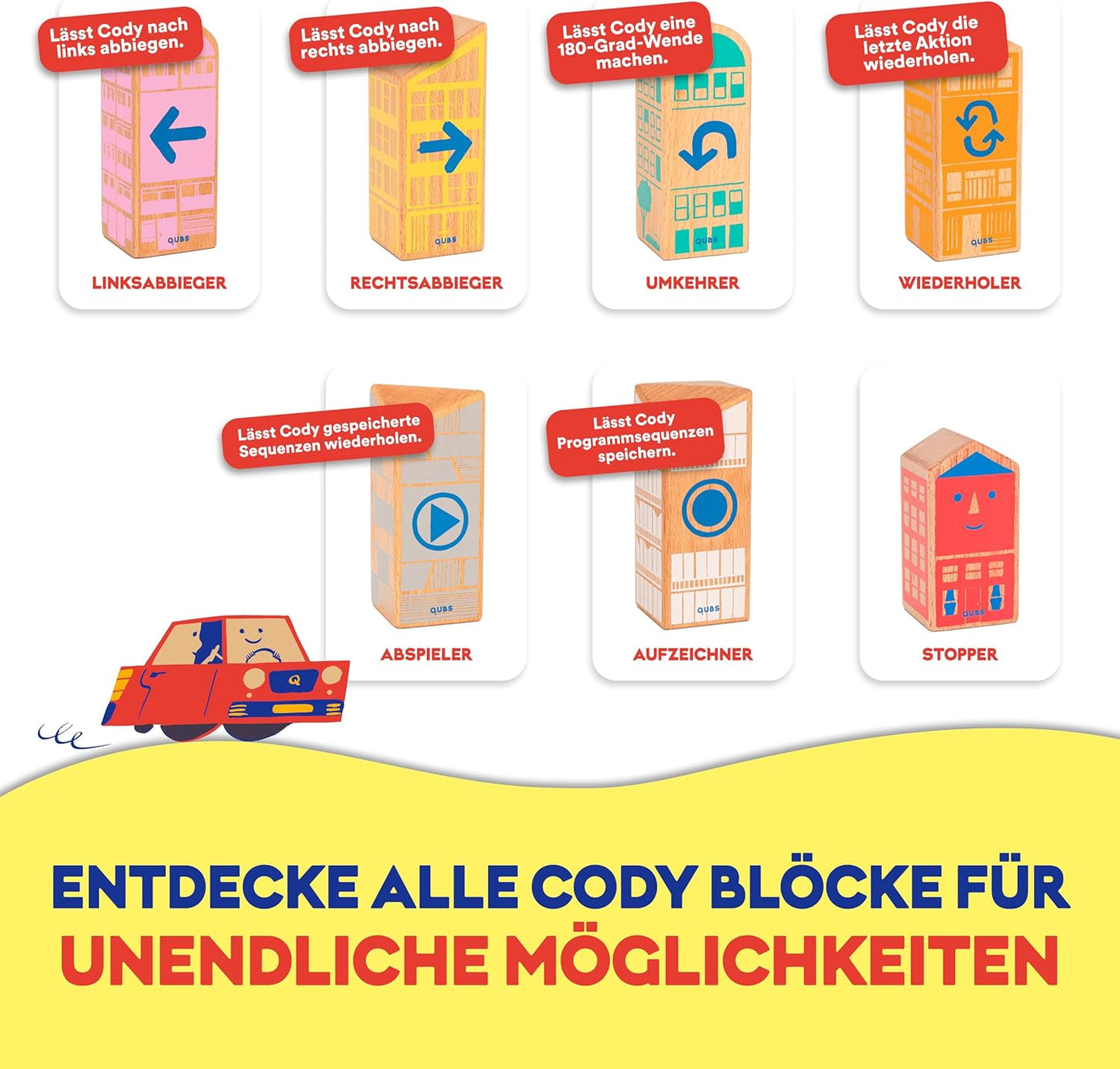 QUBS | Starter-Set | Spielend leicht Programmieren für Kinder mit Block-Auto Cody | Lernspielzeug aus Holz für Kinder | nachhaltige RFID-Blöcke