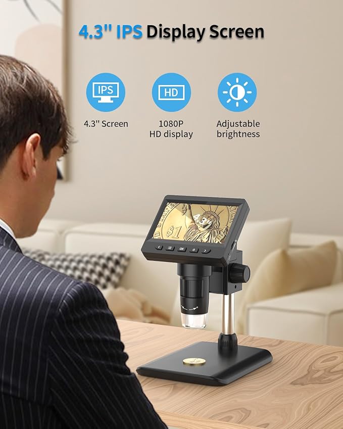 AOPICK Mikroskop, LCD Digital Mikroskop 1000X 4,3-Zoll 1080P USB Mikroskop mit 8 einstellbaren LED Licht, PC-Ansicht, kompatibel mit MacOS Windows (Schwarz)