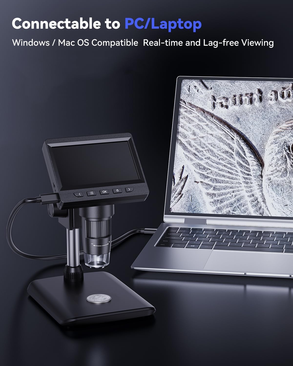 AOPICK Mikroskop, LCD Digital Mikroskop 1000X 4,3-Zoll 1080P USB Mikroskop mit 8 einstellbaren LED Licht, PC-Ansicht, kompatibel mit MacOS Windows (Schwarz)