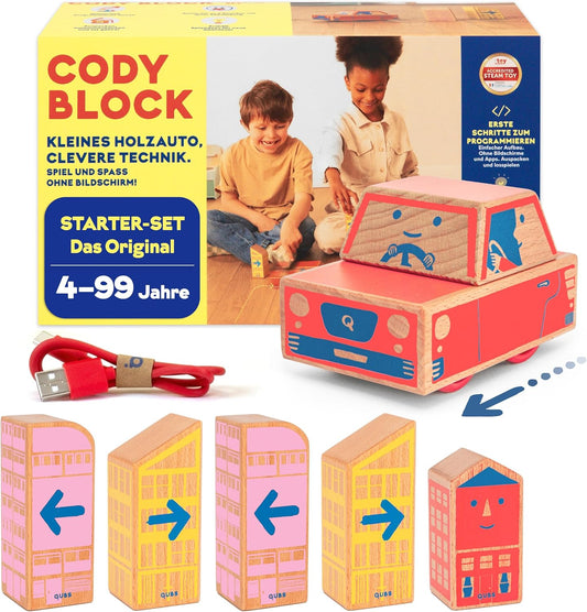QUBS | Starter-Set | Spielend leicht Programmieren für Kinder mit Block-Auto Cody | Lernspielzeug aus Holz für Kinder | nachhaltige RFID-Blöcke